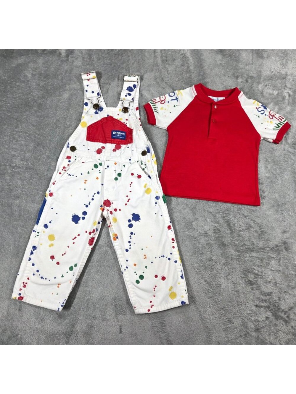 Vintage OshKosh Bgosh Overalls 2T Paint Splatter AOP USA Red Matching Top 90s